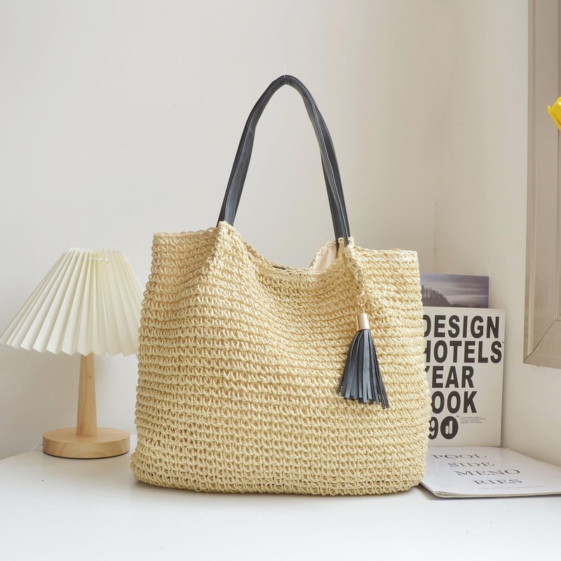 WISHOW Women's Straw Bag, Tote Bag, Shoulder Bag, With Tassels,