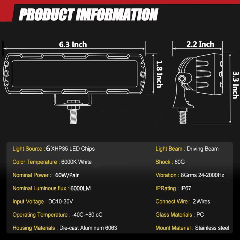 Adzoon 6 Inch LED Light Bar 2PCS 60W Single Rows