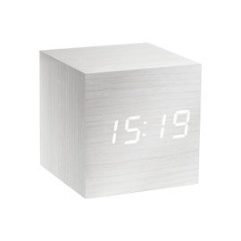 Gingko Cube LED Click Clock Alarm Clock with Sound Activation (Time, Date & Temperature), White/White