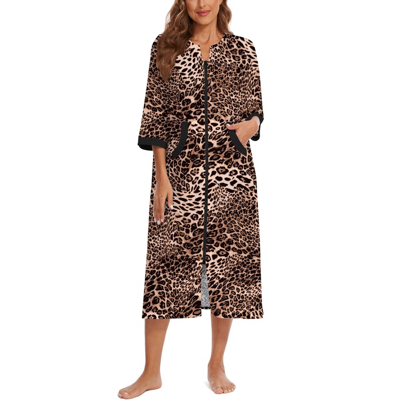 Korelayer Zipper Robes for Women 3/4 Sleeve Housecoats Long Lightweight
