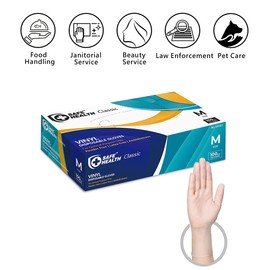 Safe Health Vinyl Disposable Gloves, Food Safe, Latex Free, Powder Free, Clear, Box of 100, Medium, 3 mil, Cleaning, Salon, Service, Office, Household, Daily