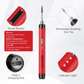 Cordless Soldering Iron Kit, USB Soldering Iron with 3 Temperature Adjustable 300℃-450℃, 3 Soldering Tips, Mini Stand, Solder Wire, Solder Paste, Solder Iron Set for Welding Repair - Red