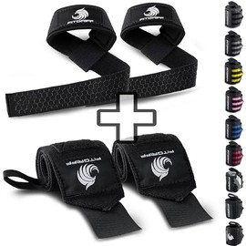 Fitgriff® Muñequeras + correas de elevación (paquete) - Correas de muñeca para levantamiento de pesas, gimnasio, entrenamiento de fuerza, fitness, para hombres y mujeres