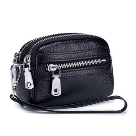 Genuine Leather Mini Wristlet Wallet Coin Pouch Handbag Clutch with Wrist Strap (Black)