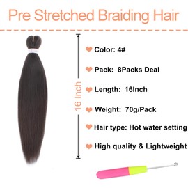 Mscat 16 Inch 8 Packs Pre Stretched Braiding Hair Dark Brown Pre Stretched Braiding Professional Synthetic Prestretched Crochet Braids Hair Extension Hot Water Setting Yaki Texture (4#)