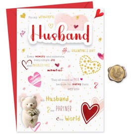 Husband Valentines Day Card with Luxury Wax Seal – Elegant Gold and Red Foil Card "For My Wonderful Husband" – Large 22x15.5 cm – Valentines Card for Him - Valentines Card for Husband – 350 GSM