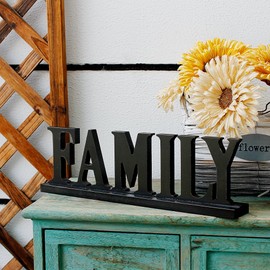 Linfevisi Black Wood Family Sign Standing Block Letters Sign Rustic Freestanding Wood Word Decor Decorative Family Table Sign Cutout Word Art Family Shelf Decor (Black Family Sign)