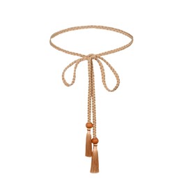 TeeYee Women's Waist Belt Boho Belt Tassel Belt Girls Braided Belt Tie Belt Belly Chain Narrow Belt for Dress Belt Women, Apricot-279