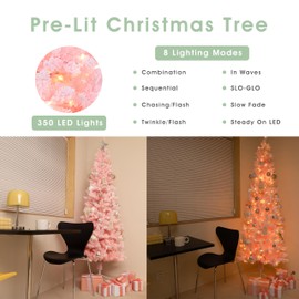 Erivc 7FT Pink Pre-Lit Christmas Tree, Auto Open Snow Flocked Full Xmas Tree with 1000 Branch Tips, 350 Lights & Foldable Stand for Outdoor and Indoor Decoration