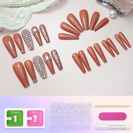 Leuhiove 24 Pcs Coffee ​Press on Nail Long Bling Glam Ballerina Flash Diamond Crystal Glossy Fake Nails Coffin Nails Tips，Glitter Rhinestones Gems False Nails Glue on for Women and Girl