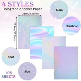 108 Sheets Holographic Sticker Paper Clear A4 Vinyl Sticker Paper Holographic Laminate Sheets Adhesive Holographic Overlay Waterproof Transparent Film with Gem, Colorful, Dot, Star, 11.7 x 8.3 Inch