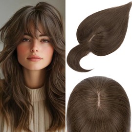 Rich Choices 100% Real Human Hair Topper with Bangs - Real Remy Hair Topper for Women Thinning on Top, 5.1x2.7 Inch Breathable Invisible Clip In Silk Base Hair Piece 12 Inch #2R Chocolate Brown