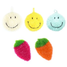 5 esponjas de cocina de ganchillo a mano, antiarañazos, bonita fresa y cara sonriente de doble capa, duradera, trapos de lavado