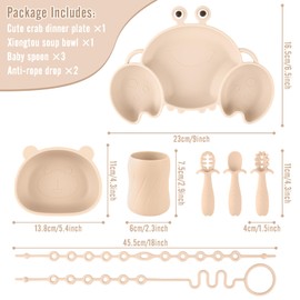 Qshare Baby Weaning Set,Baby Suction Plates,Non Slip Toddler Divided Placemat,BPA Free Suction Plate Baby Bowls Spoons & Bibs for Babies Toddlers Kids (Beige)