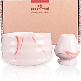 Goodwei Matcha Bowl Pink Marble for Japanese Tea Ceremony (430 ml, with Broom Holder)