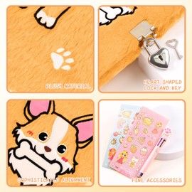 ENYILEE Fluffy Dog Corgi Diary with Lock for 6 7 8 Year Old Girl,Kids Journal Notebook Gift Set with Multicolored Pen,Plush Secret Diary Lined 160 Pages,Christmas Birthday Gift Set for Kids