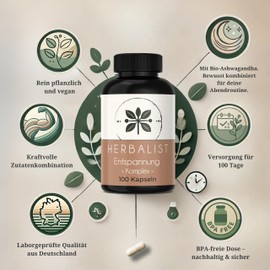 Herbalist Entspannung Komplex – 100 vegane Kapseln mit Ashwagandha, Baldrian, Melisse, Lavendel, Kamille & L-Theanin – Pflanzliche Abendformel, laborgeprüft, ohne Zusätze