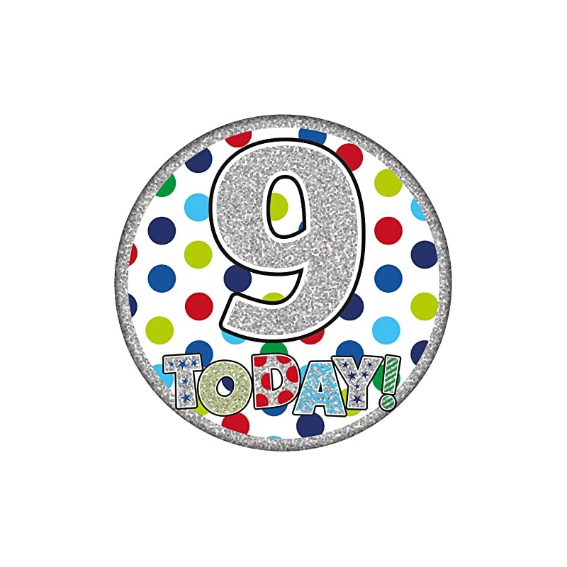 Age 9 Birthday Badge Blue, Green And Silver Holographic Recyclable