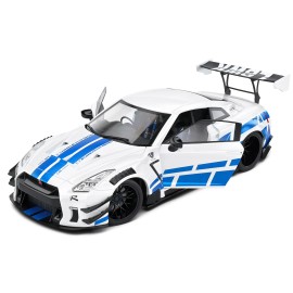 DCD 2024 Nissan GT-R (R35) RHD Right Hand Drive Diecast Toy Liberty Walk 2.0 Body Kit White Metallic Blue Stripes 'For Paul'