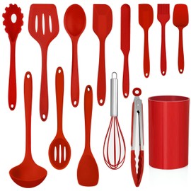 LIANYU 14 Pcs Cooking Utensils Set with Holder, Heat Resistant Silicone Kitchen Cookware Utensils Set, Kitchen Cooking Tools Includes Spatula Spoon Turner Whisk Tong, Dishwasher safe, Red