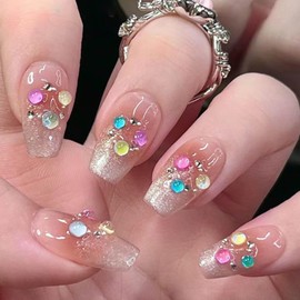 Hkanlre Coffin Press on Nails Gradient Cat Eyes Fake Jelly Nails Tips Full Cover Bling False Medium Nails for Women and Girls 24PCS