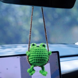 Handmade Crochet “Frog Prince” Car Rearview Mirror Ornament – Soft Polyester Hanging Charm, Cute Fairy-Tale Décor, Safe & Lightweight, Door/Furniture/Keychain/Backpack Charm