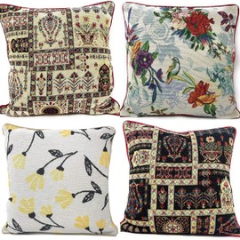 DaDa Bedding Set of 4 Pieces Woven Floral Throw Pillow Covers - Lovely Spring Time Whimsical Tropical Rainforest Garden Botanical - Colorful Tapestry Cushions Bundle Pack - Square Size 16" x 16"