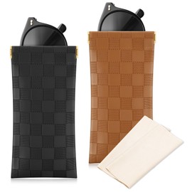 Sightor Sunglasses Case, 2 Pcs Soft Eyeglass Cases Checkered Sunglass Case Portable Squeeze Top Leather Glasses Pouch (Black, Brown)