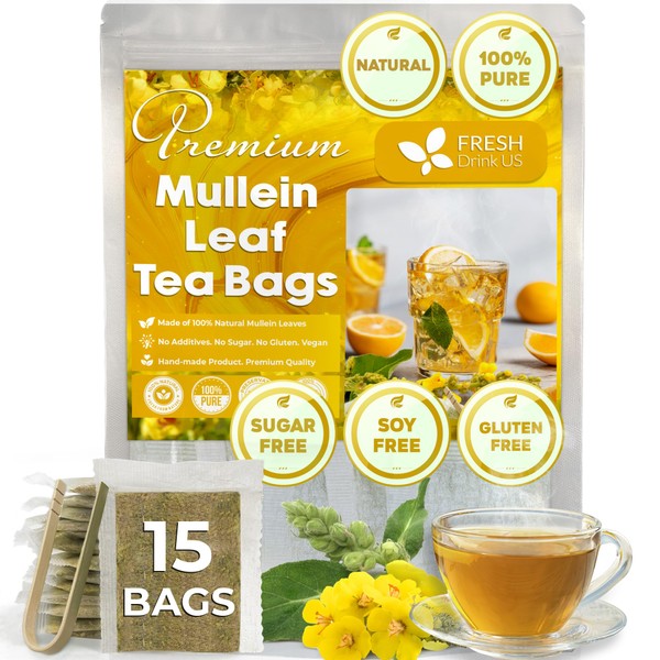 FreshDrinkUS, Premium 15 Mullein Leaf Tea Bags For Lung, 100%