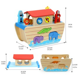 yeStep Wooden Noah's Ark Toy Animal Playset for Toddlers, Shape Sorter Early Learning Montessori Toys, Baptism Gifts for 1 2 3 Year Old Boys Girls