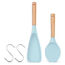 Cooking Spoon And Rice Scooper for Nonstick Cookwares, Great for Cooking and Serving Durable BPA-Free Matte White Silicone, Wood Handle Spoon for Mixing, Scoop, and Scrape