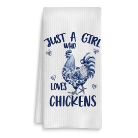 Fuasei Just a Girl Who Loves Chickens Kitchen Towels, Blue and White Chinoiserie Chicken Dish Towels, 16x24 Inch