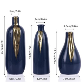 Ceramic Decorative Vases Set of 3, Blue and Gold Vases for Home Decor, centerpieces on Modern Farmhouse Living Room Table Shelves, Office Bookshelf Decorations