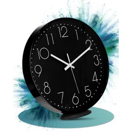 LATENO - Wall Clock Black - For Standing or Hanging - 20 cm - Silent - Classic and Modern - No Ticking Noise - For Living Room, Office and much more
