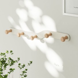 YunNasi Children's Coat Rack, No Drilling, Wall Coat Hook, Cream Colour with 5 Wooden Hooks for Hallway, Children's Room, Living Room, Bedroom, Bathroom