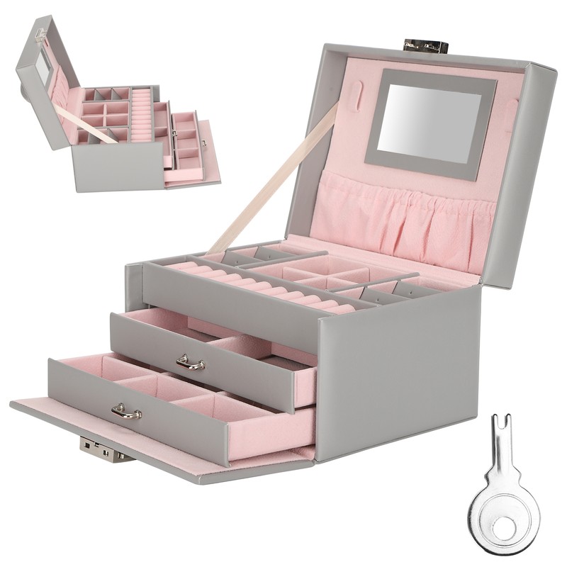 Three Layer Jewelry Storage Box PU Leather Necklace Rings Earrings