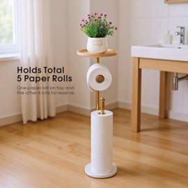 Standing Toilet Paper Holder Gold with 7.9" Big Tray, 2.2Lbs Heavier Marble Base, Freestanding Paper Holder Stand with Phone Shelf, Holds 5 Paper Rolls (Gold)