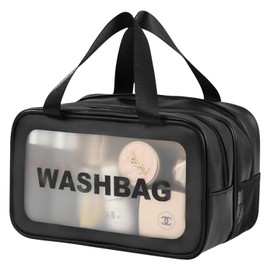 Toiletry Bag Transparent Large Cosmetic Bag Transparent Waterproof with Zip 2 Sections Cosmetic Bag Transparent with Handle Durable for Men and Women Travel, black, leisure