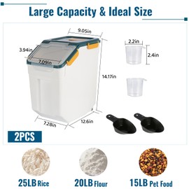 MXCELL 2 Pack Rice Container 25 lbs Large Bulk Flour Sugar Storage Holdhouse Plastic Grain Cereal Dry Goods Bin with Spoon and Measuring Cup for Kitchen Pantry Organization - Blue