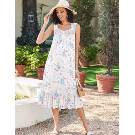 Ekouaer Women's Nightgowns Victorian Long Sleeveless Night Gown with Pockets Lace Trim Button Up Nightdress S-XXXL