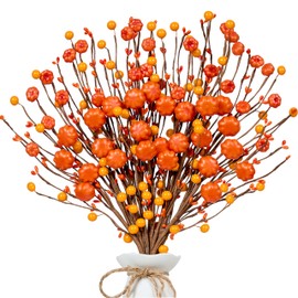 zjlmit Fall Picks 12 PCS Fall Berry Stems 17 Inch Autumn Floral Picks with Orange Pumpkins and Berries for Vases Centerpieces Harvest Festival and Thanksgiving Party Events