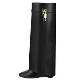 HYYH CFPL Fold Over Knee High Boots for Women Pointy Pull-on Wedge Heel Knee Shark Boot With Side Zipper Covered Wedge Heel Padlock Boot (Black 9)