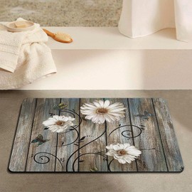 Miffrank Rustic Daisy Bathroom Rugs Grey Floral Butterfly Bath Mat, Farmhouse Absorption Non-Slip Floor Mat, Daisy Bathroom Bedroom Decor(Rectangle,32×20 inch)