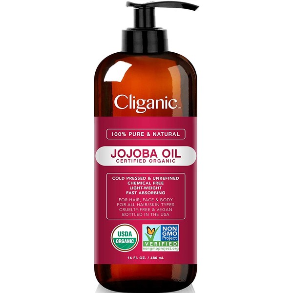 Cliganic Organic Jojoba Oil 16 oz, 100% Pure | Bulk, Natural Cold Pressed Unrefined Hexane Free Oil for Hair & Face | Base Carrier Oil - Certified Organic
