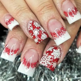 French Tip Press on Nails Short Square Fake Nails Red Gradient Glitter Stick on Nails Christmas Acrylic Nails with Snowflake Designs Full Cover Winter False Nails for Women Girls DIY Nail Art 24Pcs