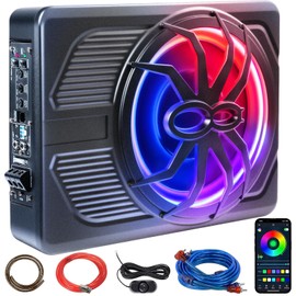 1000W Car Subwoofer with APP Control and Colour Light, 10'' Slim Under Seat Powered Car Subwoofer w/Built-in Amplifier & Hi/Lo Input, Bass Speaker Subwoofer for Car/Truck/SUV/Jeep/MPV