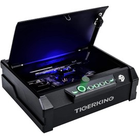 TIGERKING Gun Safe,Biometric Gun Safe for Pistols,Quick Access Pistol Safe with Mute Mode and Auto-Open Lid Device,Sturdy Fingerprint Portable Handgun Safe for Home,Bedside Nightstand,Car,Travel