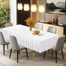 White Spandex Tablecloth for 4FT Rectangle Tables Stretch Fitted Table Cloth with Pleated Ruffle Skirt for 48x24 Inch Table Wrinkle Free and Elastic Table Cover for Party Kitchen Home Dining