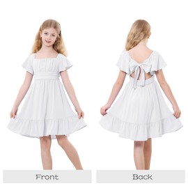 Zando Girls Dress Ruffle Short Sleeve White Dress for Girls Tie Back Summer Sundress Children Girls Dress for Weddings Casual Dress for Teens Girls Square Neck Off Shoulder Dresses 11-12 Years