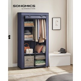 SONGMICS Portable Closet, 34.6 Inch Large Capacity Wardrobe Closet Organizer with Fabric Cover, Hanging Rods and Shelves, 34.6 x 17.7 x 66.1 Inches, for Bedroom, Living Room, Dark Blue URYG084I02